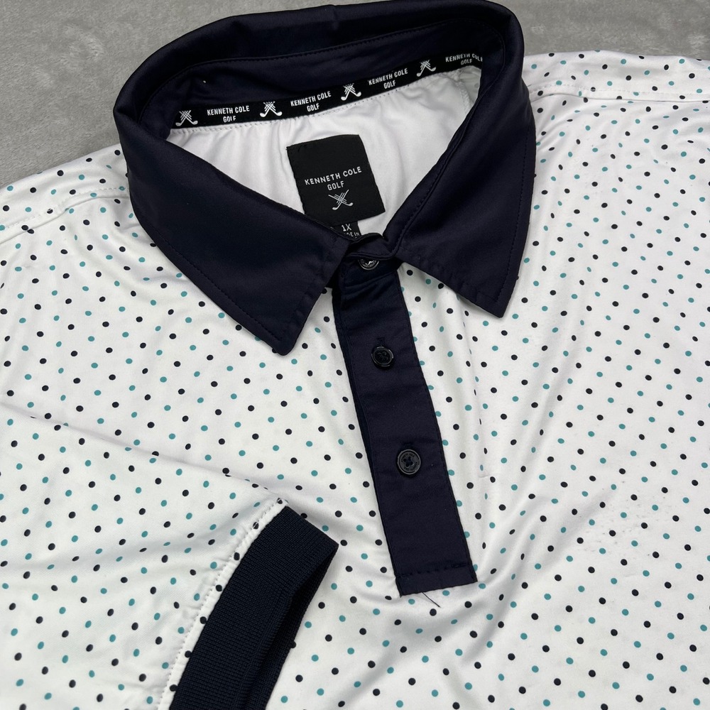 Kenneth Cole Polo Shirt Mens 1X White Polka Dot Performance Stretch Short Sleeve